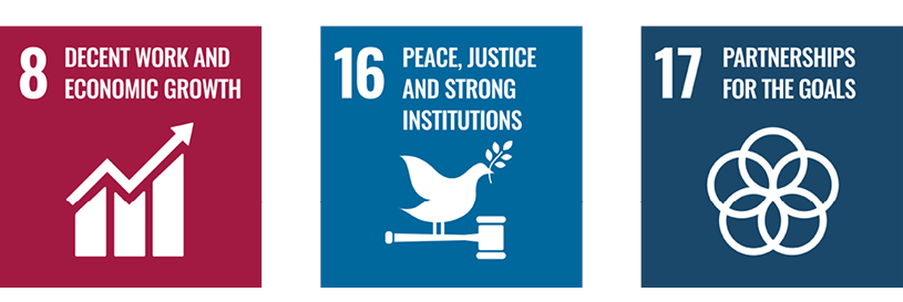 The figure shows sustainable development goals number 16 Peace, justice and strong institutions, number 8 Decent work and economic growth, and number 17 Partnerships for the goals.